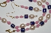 +MBA #B1-105   "Blue & Pink Glass Bead & Yellow Pearl Necklace & Earring Set"