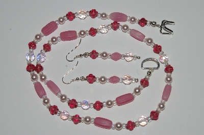 +MBA #B1-102   "Pink Bead, Crystal & White Pearl Necklace & Earrings Set"