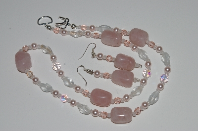 +MBA #B1-028  "Rose Quartz, Pink Crystal, Clear Glass Bead & Pearl Necklace & Earring Set"