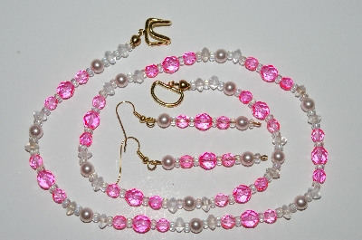 +MBA #B1-044  "Fancy Bright Pink, Clear Glass & Pearl Necklace & Earring Set"