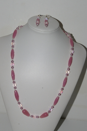 +MBA #B1-04  "Pink Milk Glass, Pink AB Crystal & Pink Pearl Necklace & Earring Set"