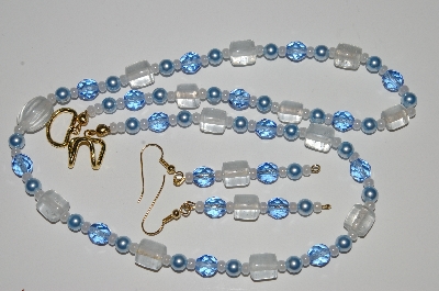 +MBA #B1-099  "Clear Blue Glass Bead & Pearl Necklace & Earring Set"