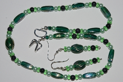 +MBA #B1-093  "Green Glass, Crystal & Glass Pearl Necklace & Earring Set"