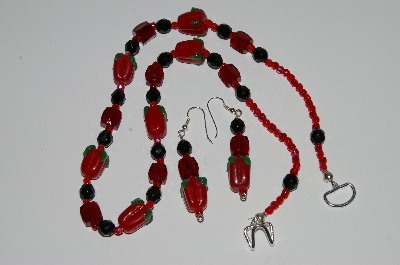 +MBA #B1-024  "Red Glass Pepper Bead Necklace & Earring Set"