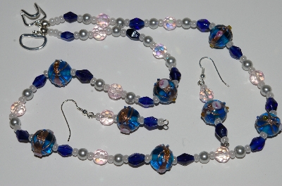 +MBA #B1-033  "Fancy Art Glass Blue Bead & Pearl Necklace & Earring Set"