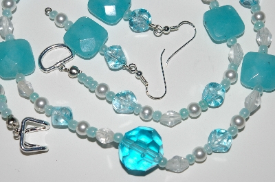 +MBA #B1-066  "Fancy Blue Gemstone, Clear Glass & Pearl Bead Necklace & Earring Set"