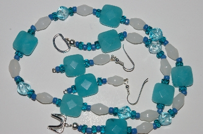 +MBA #B1-062  "Blue Gemstone, White & Blue Glass Bead Necklace & Earring Set"