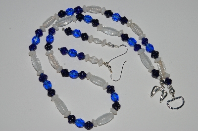 +MBA #B1-084   "Blue, Clear & White Glass Bead Necklace & Earring Set"