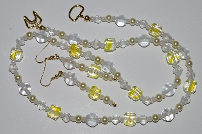 +MBA #B1-075   "Yellow, Clear Glass & Pearl Necklace & Earring Set"