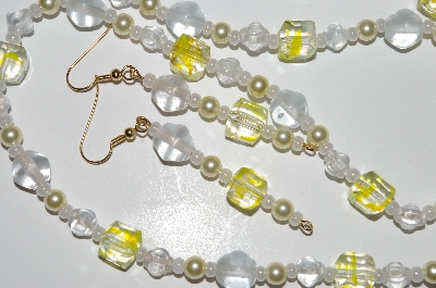 +MBA #B1-075   "Yellow, Clear Glass & Pearl Necklace & Earring Set"