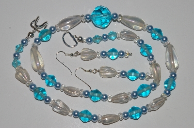 +MBA #B2-087  "Crystal Luster, Blue Bead & Pearl Necklace & Earring Set"