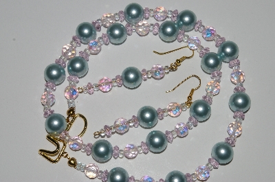 +MBA #B2-081  "Green Glass Pearl & Pink Crystal Necklace & Earring Set"