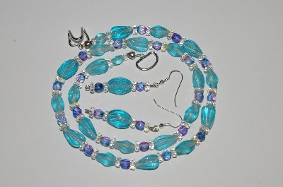 +MBA #B2-060  "Aqua Blue Glass Bead & Crystal Necklace & Earring Set"