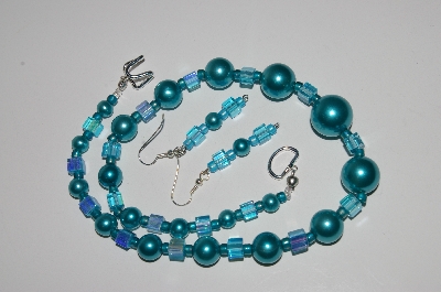 +MBA #B2-057  "Vintage Blue Glass Pearls & Bead Necklace & Earring Set"