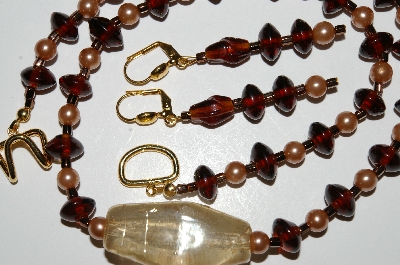 +MBA #B3-058  "Vintage Tan Pearls, Brown Glass & Lamp Worked Bead Necklace & Earring Set"