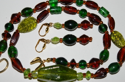 +MBA #B3-052  "Brown & Green Lamp Worked Glass Bead Necklace & Earring Set"
