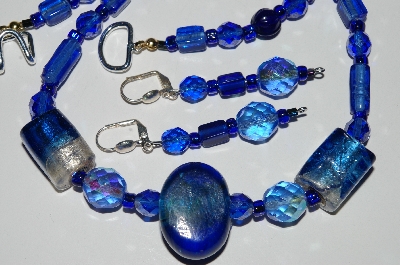 +MBA #B3-034  "Fancy Lamped Worked Glass Blue Bead & Crystal Necklace & Earring Set"