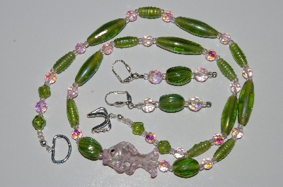 +MBA #B3-031  "Green Luster Glass, Pink Crystal "Fish" Necklace & Earring Set"