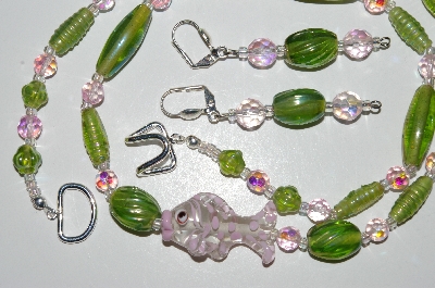 +MBA #B3-031  "Green Luster Glass, Pink Crystal "Fish" Necklace & Earring Set"