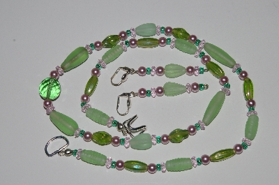 +MBA #B3-076   "Green Glass Bead, Pink Crystal & Pearl Necklace & Earring Set"