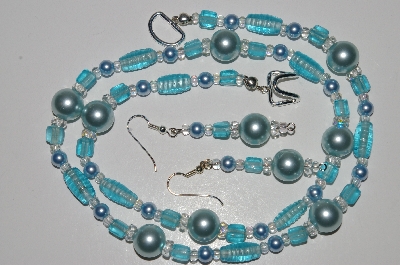 +MBA #B3-082   "Aqua Blue Glass Bead,Clear Crystal & Blue Pearl Necklace & Earring Set"