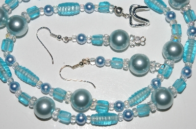 +MBA #B3-082   "Aqua Blue Glass Bead,Clear Crystal & Blue Pearl Necklace & Earring Set"