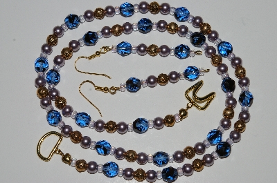 +MBA #B3-079  "Fancy Blue Glass,Lavender Glass pearl & Gold Plated Rose Bead Necklace & Earring Set"