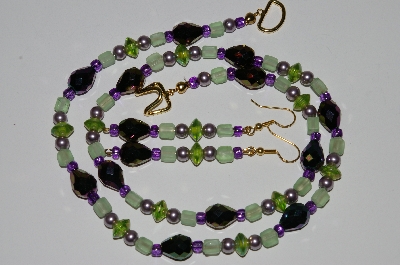 +MBA #B3-088  "Green Glass,Lavender Pearls & Purple Peacock Crystal Bead Necklace & Earring Set"