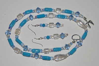 +MBA #B3-061  "Blue,Clear Glass Bead & Crystal Necklace & Earring Set"