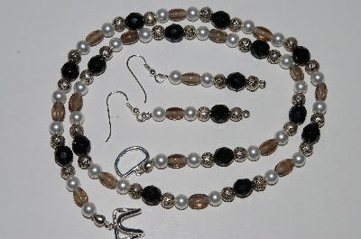 +MBA #B3-015   "Black Crystal, Glass Bead, White Pearl & Silverplated Rose Bead Necklace & Earring Set"