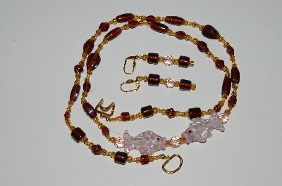+MBA #B3-018   "Brown & Gold Glass Bead & Fancy Lamp Worked Pink Fish Bead Necklace & Earring Set"