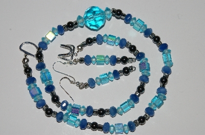 +MBA #B3-106  "Blue Glass Bead, Gemstone & Hemalyke Bead Necklace & Earring Set"