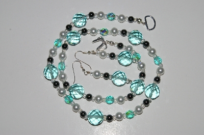 +MBA #B3-103  "Blue Glass, Crystal, Pearl & Hemalyke Bead Necklace & Earring Set"