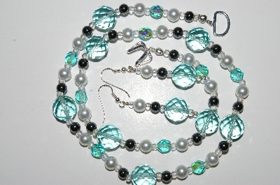 +MBA #B3-103  "Blue Glass, Crystal, Pearl & Hemalyke Bead Necklace & Earring Set"