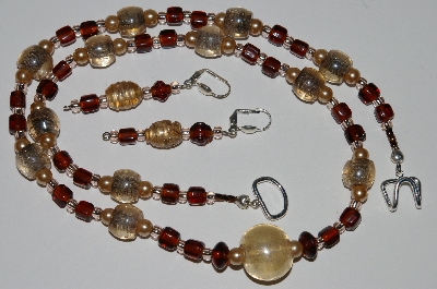+MBA #B3-109  "Vintage Glass Pearl, Pale Pink & Brown Glass Bead Necklace & Earring Set"