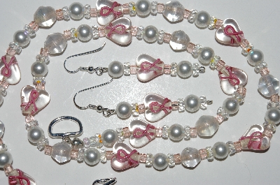 +MBA #B3-043  "Breast Cancer Clear Glass Heart Beads,White Pearls & Crystal Necklace & Earring Set"