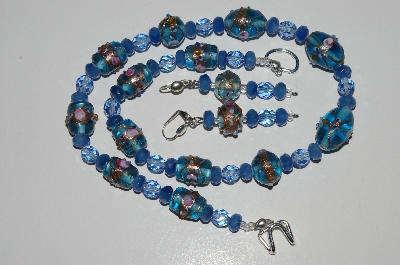 +MBA #B3-100  "Fancy Blue Glass Lamp Worked Beads, Blue Gemstone & Crystal Bead Necklace & Earring Set"