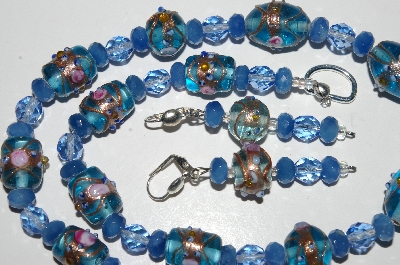 +MBA #B3-100  "Fancy Blue Glass Lamp Worked Beads, Blue Gemstone & Crystal Bead Necklace & Earring Set"