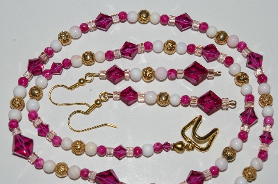 +MBA #B3-003  "Pink Crystal, White Gemstone, Gold Plated Rose Bead Necklace & Earring Set"