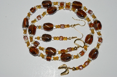 +MBA #B3-046  "Luster Brown Glass Bead & Clear Crystal Necklace & Earring Set"