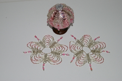 +MBA #B3-144  "Set Of 3 Hand Beaded Silver & Pink Ornament Covers"