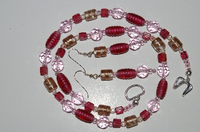 +MBA #B4-3027  "Pink Crystal, Rose Colored Glass Bead Necklace & Matching Earring Set"