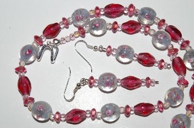 +MBA #B4-3012  "Lamp Worked Glass Rose Bead Necklace & Matching Earring Set"