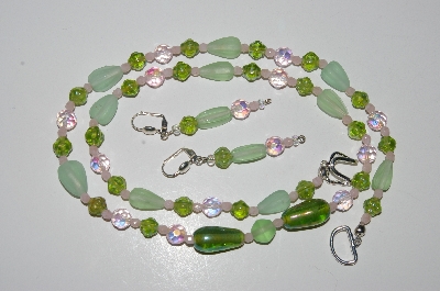 +MBA #B4-3018  "Green Glass & Crystal Bead Necklace & Matching Earring Set"