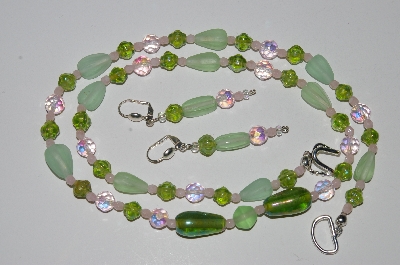 +MBA #B4-3018  "Green Glass & Crystal Bead Necklace & Matching Earring Set"