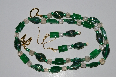 +MBA #B4-2929  "Green Gemstone, Green Luster Glass & Clear Glass Bead Necklace & Matching Earring Set"