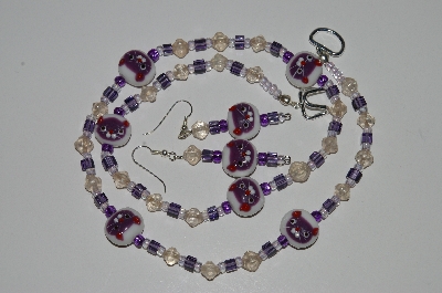+MBA #B4-2923  "Lamp Worked Glass Cat Beads, Purple & Clear Glass Bead Necklace & Matching Earring Set"