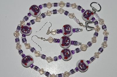 +MBA #B4-2923  "Lamp Worked Glass Cat Beads, Purple & Clear Glass Bead Necklace & Matching Earring Set"