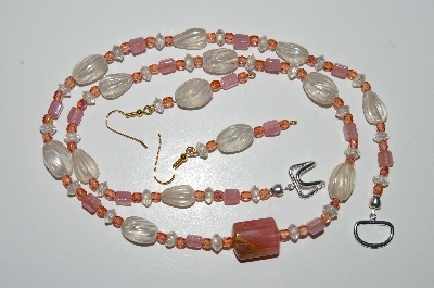 +MBA #B4-2953  "Clear Luster Glass,Pink Bead & Crystal, Cherry Agate Necklace & Matching Earring Set"