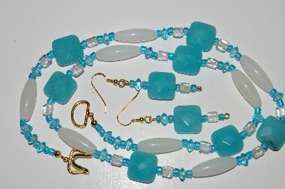+MBA #B4-2971  "Blue Gemstone,Clear & Milk Glass Bead Necklace & Matching Earring Set"